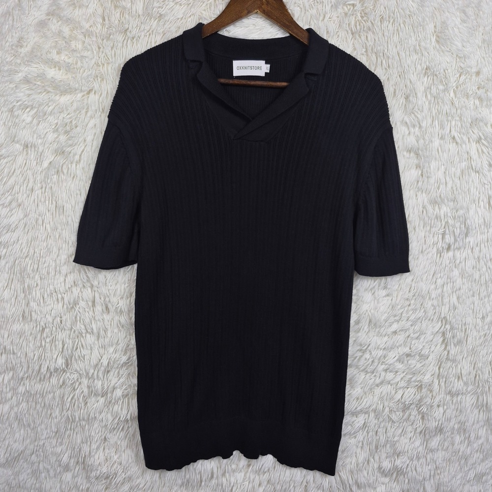 OXKNIT Mens Black Ribbed Knit Polo Shirt Short Sleeve Cotton XL Retro Preppy